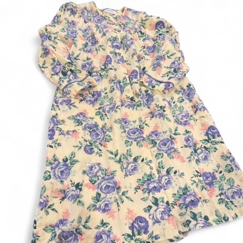 National Floral Snap Front Nightgown Yellow Purple Rose Smocked Long Sleeve M
